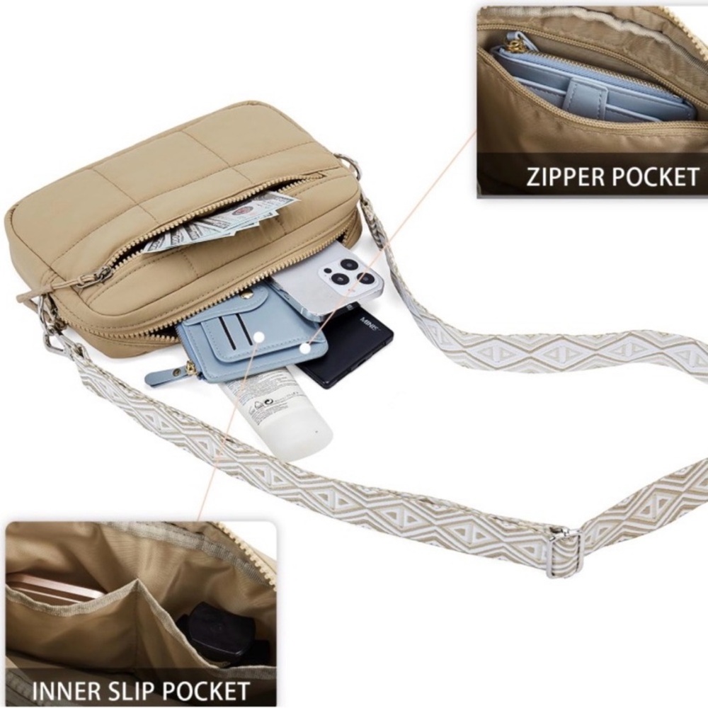 NWT Quilted Tan Crossbody Bag with Patterned Adjustable Strap - Picture 6 of 10